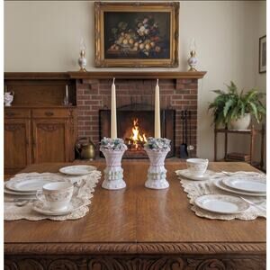 Vintage Pastel Floral Porcelain Candlestick Holders - Pair Applied Flowers